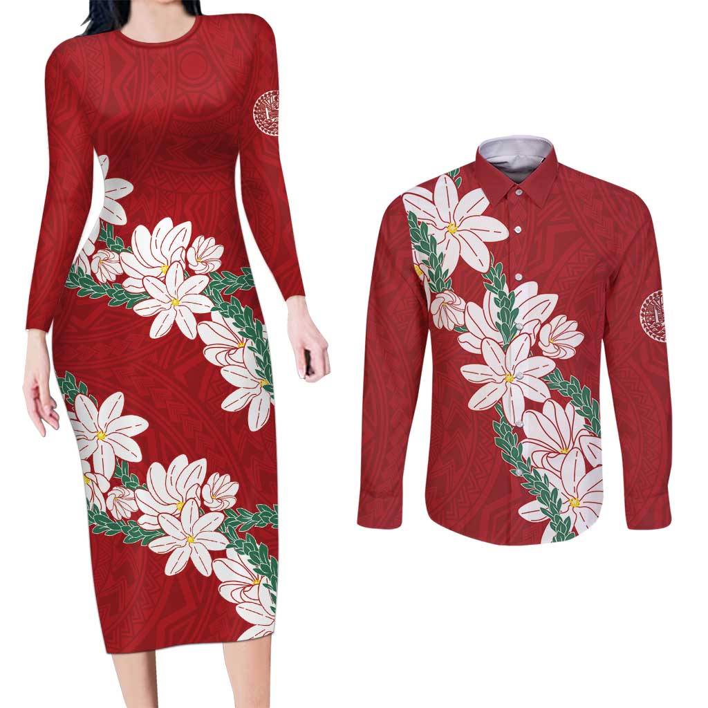 Ia Orana Tahiti Tiare Couples Matching Long Sleeve Bodycon Dress and Long Sleeve Button Shirt Crimson Lei - Polynesian Pride