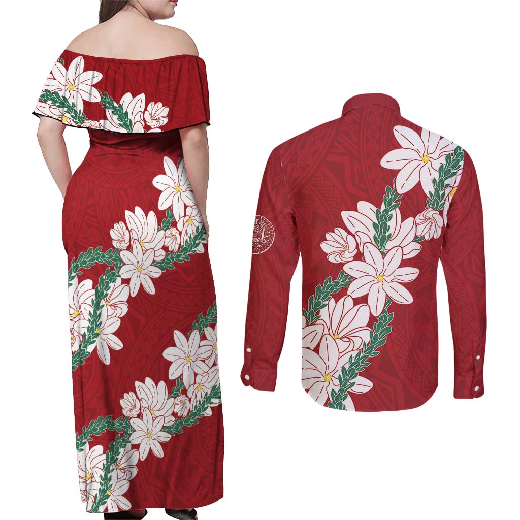 Ia Orana Tahiti Tiare Couples Matching Off Shoulder Maxi Dress and Long Sleeve Button Shirt Crimson Lei - Polynesian Pride