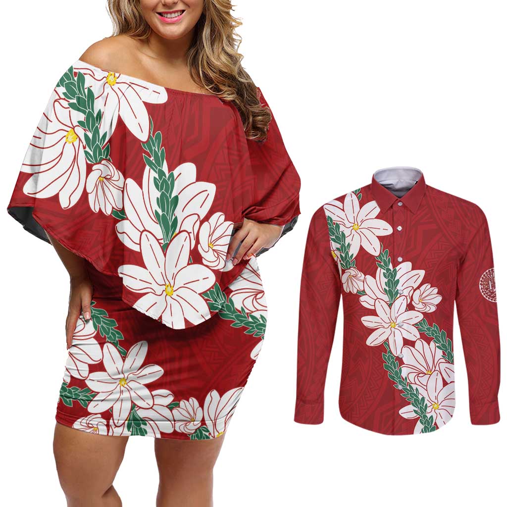 Ia Orana Tahiti Tiare Couples Matching Off Shoulder Short Dress and Long Sleeve Button Shirt Crimson Lei - Polynesian Pride