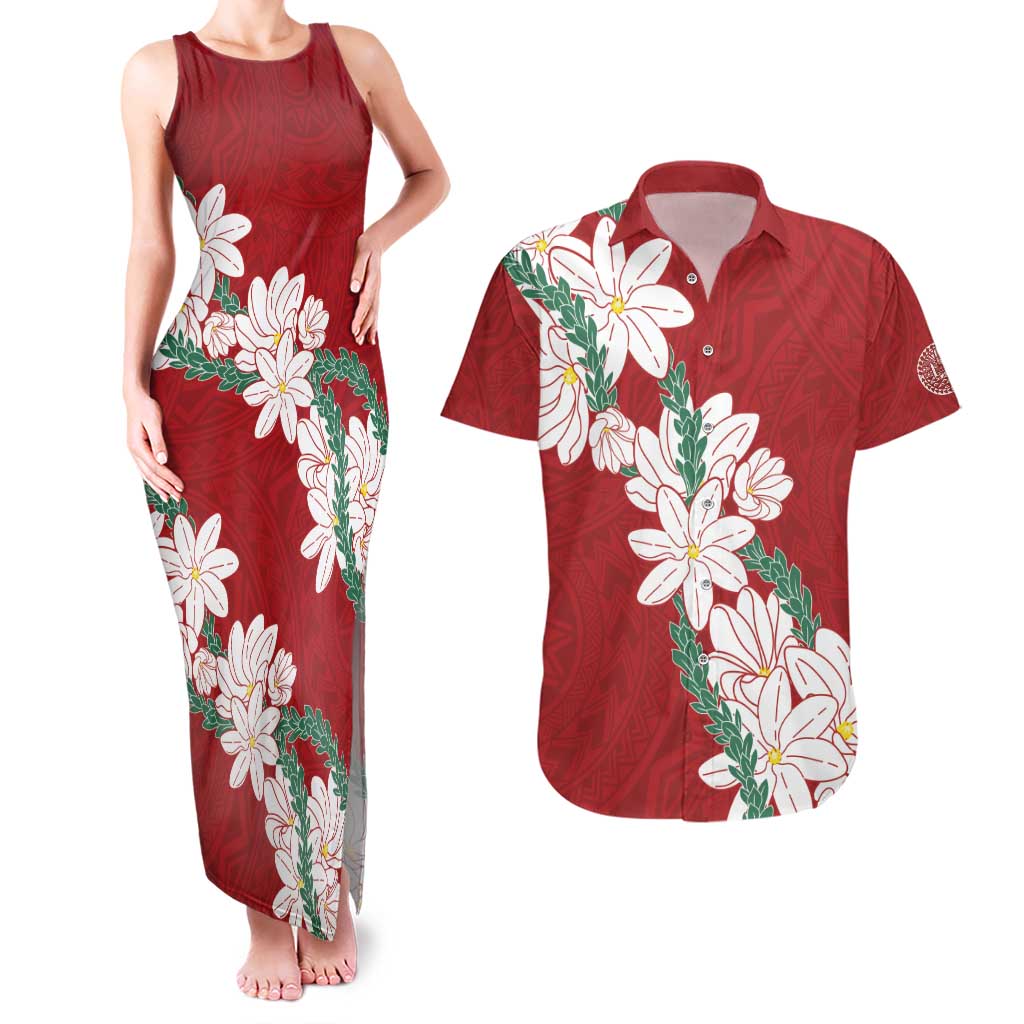 Ia Orana Tahiti Tiare Couples Matching Tank Maxi Dress and Hawaiian Shirt Crimson Lei - Polynesian Pride