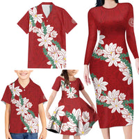 Ia Orana Tahiti Tiare Family Matching Long Sleeve Bodycon Dress and Hawaiian Shirt Crimson Lei LT7 - Polynesian Pride
