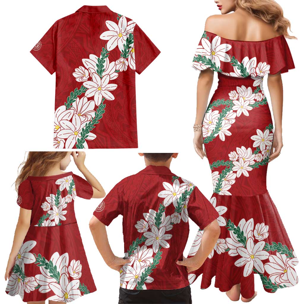 Ia Orana Tahiti Tiare Family Matching Mermaid Dress and Hawaiian Shirt Crimson Lei LT7 - Polynesian Pride