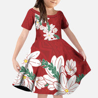 Ia Orana Tahiti Tiare Family Matching Off The Shoulder Long Sleeve Dress and Hawaiian Shirt Crimson Lei LT7 Daughter's Dress Red - Polynesian Pride