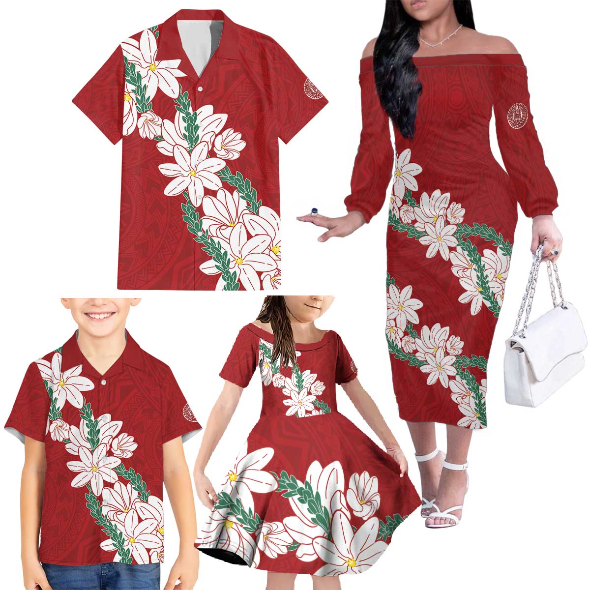 Ia Orana Tahiti Tiare Family Matching Off The Shoulder Long Sleeve Dress and Hawaiian Shirt Crimson Lei LT7 - Polynesian Pride