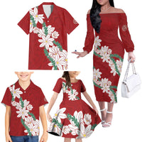 Ia Orana Tahiti Tiare Family Matching Off The Shoulder Long Sleeve Dress and Hawaiian Shirt Crimson Lei LT7 - Polynesian Pride