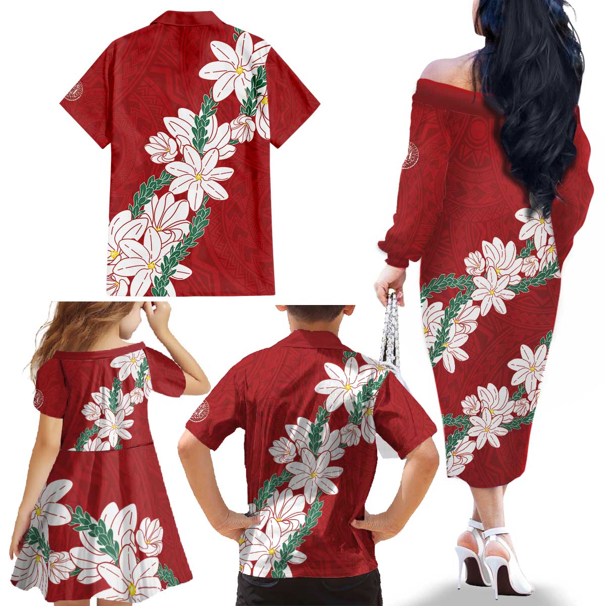 Ia Orana Tahiti Tiare Family Matching Off The Shoulder Long Sleeve Dress and Hawaiian Shirt Crimson Lei LT7 - Polynesian Pride