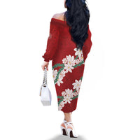 Ia Orana Tahiti Tiare Family Matching Off The Shoulder Long Sleeve Dress and Hawaiian Shirt Crimson Lei LT7 - Polynesian Pride