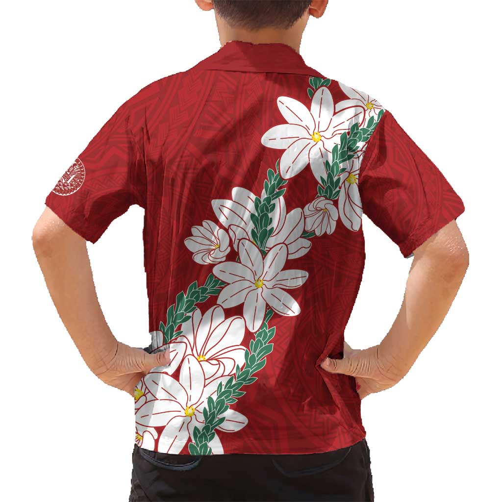 Ia Orana Tahiti Tiare Family Matching Off Shoulder Short Dress and Hawaiian Shirt Crimson Lei - Polynesian Pride