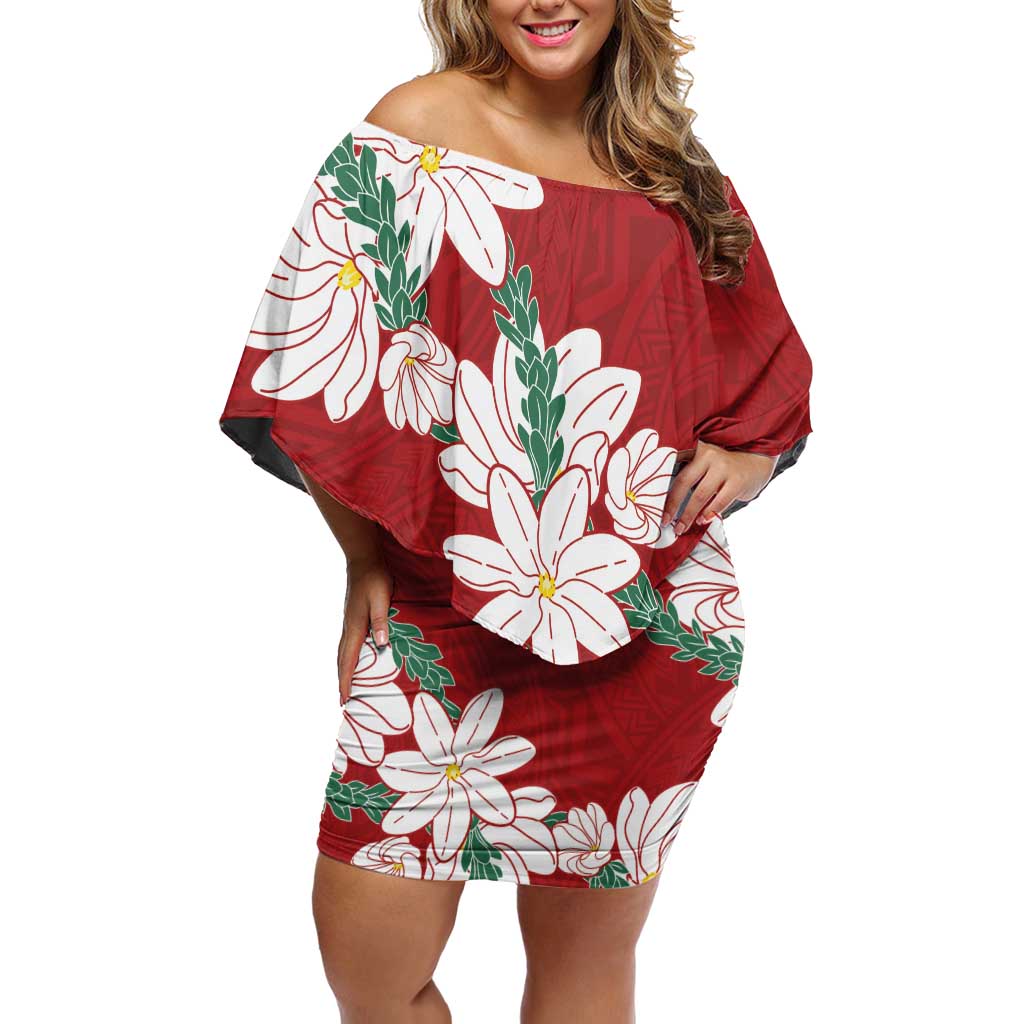 Ia Orana Tahiti Tiare Family Matching Off Shoulder Short Dress and Hawaiian Shirt Crimson Lei - Polynesian Pride