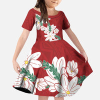 Ia Orana Tahiti Tiare Family Matching Short Sleeve Bodycon Dress and Hawaiian Shirt Crimson Lei LT7 Daughter's Dress Red - Polynesian Pride