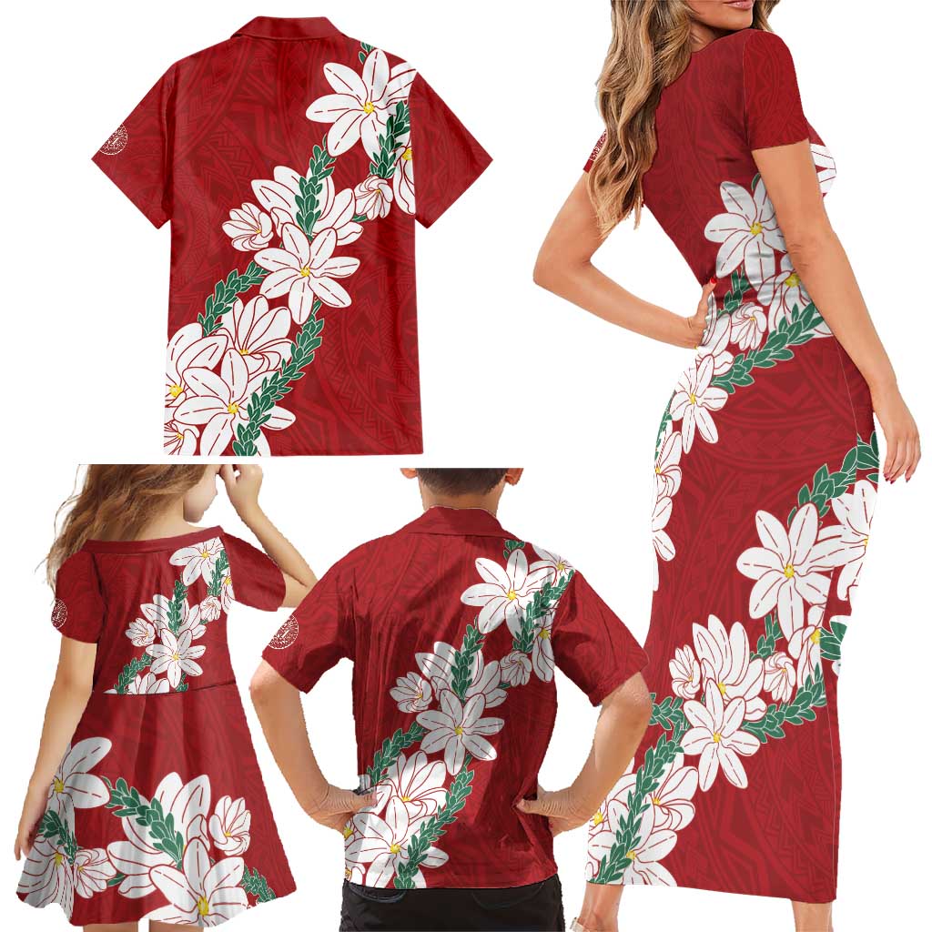 Ia Orana Tahiti Tiare Family Matching Short Sleeve Bodycon Dress and Hawaiian Shirt Crimson Lei LT7 - Polynesian Pride