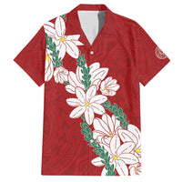 Ia Orana Tahiti Tiare Family Matching Short Sleeve Bodycon Dress and Hawaiian Shirt Crimson Lei LT7 Dad's Shirt - Short Sleeve Red - Polynesian Pride