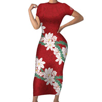 Ia Orana Tahiti Tiare Family Matching Short Sleeve Bodycon Dress and Hawaiian Shirt Crimson Lei LT7 Mom's Dress Red - Polynesian Pride