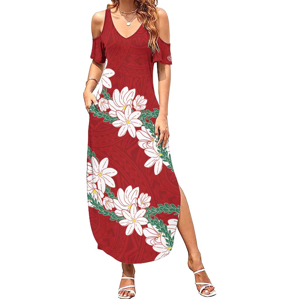 Ia Orana Tahiti Tiare Family Matching Summer Maxi Dress and Hawaiian Shirt Crimson Lei - Polynesian Pride