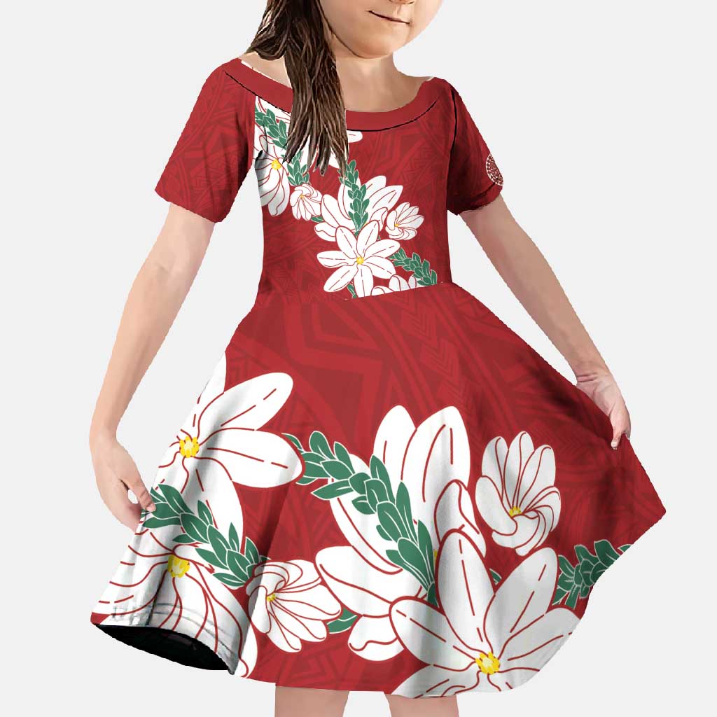 Ia Orana Tahiti Tiare Family Matching Tank Maxi Dress and Hawaiian Shirt Crimson Lei LT7 Daughter's Dress Red - Polynesian Pride