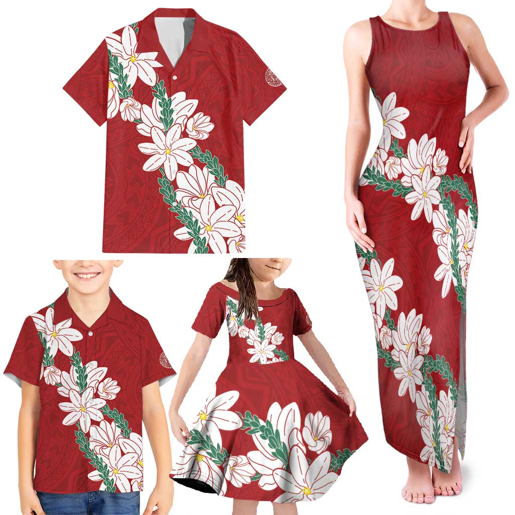 Ia Orana Tahiti Tiare Family Matching Tank Maxi Dress and Hawaiian Shirt Crimson Lei LT7 - Polynesian Pride