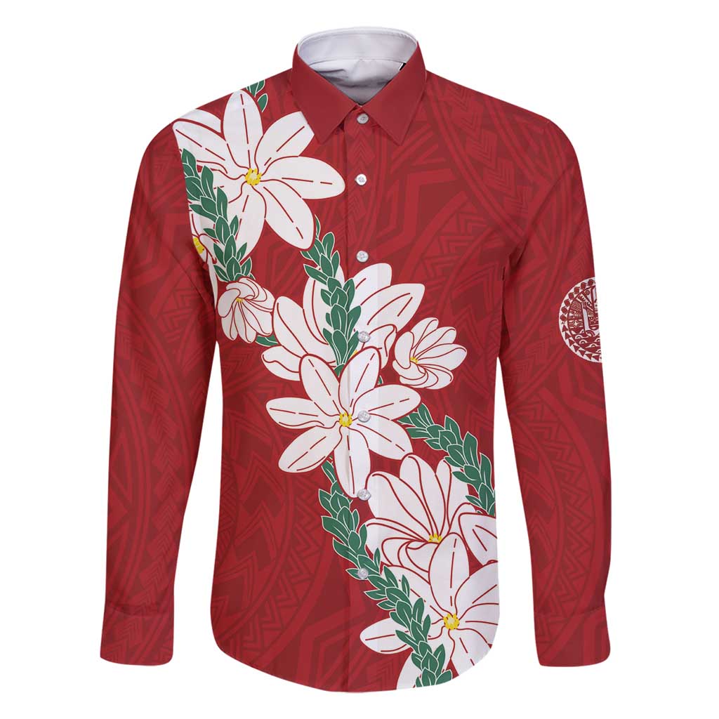 Ia Orana Tahiti Tiare Family Matching Tank Maxi Dress and Hawaiian Shirt Crimson Lei LT7 Dad's Shirt - Long Sleeve Red - Polynesian Pride