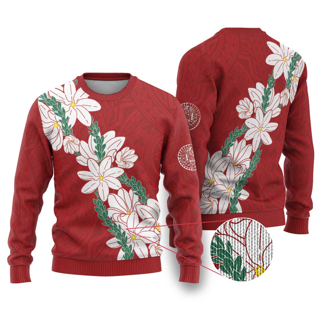 Ia Orana Tahiti Tiare Ugly Christmas Sweater Crimson Lei - Polynesian Pride