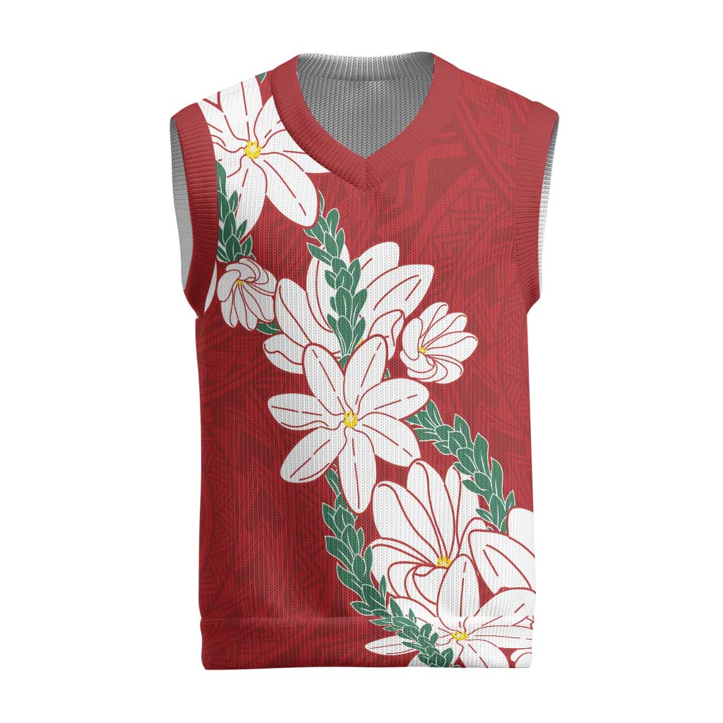 Ia Orana Tahiti Tiare Christmas Knitted V-Neck Vest Crimson Lei - Polynesian Pride