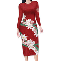 Ia Orana Tahiti Tiare Long Sleeve Bodycon Dress Crimson Lei LT7 Long Dress Red - Polynesian Pride
