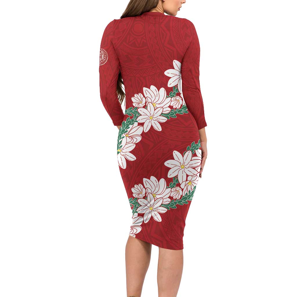 Ia Orana Tahiti Tiare Long Sleeve Bodycon Dress Crimson Lei LT7 - Polynesian Pride