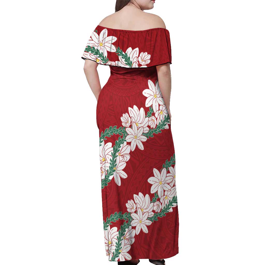 Ia Orana Tahiti Tiare Off Shoulder Maxi Dress Crimson Lei - Polynesian Pride