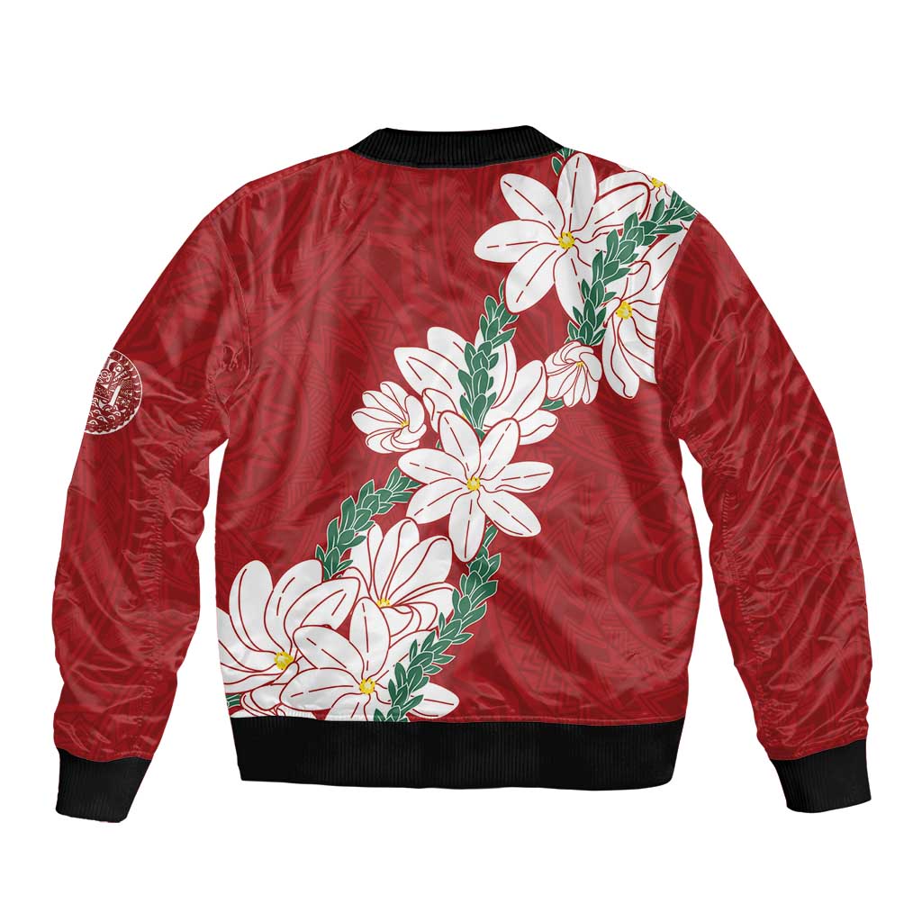 Ia Orana Tahiti Tiare Sleeve Zip Bomber Jacket Crimson Lei LT7 - Polynesian Pride