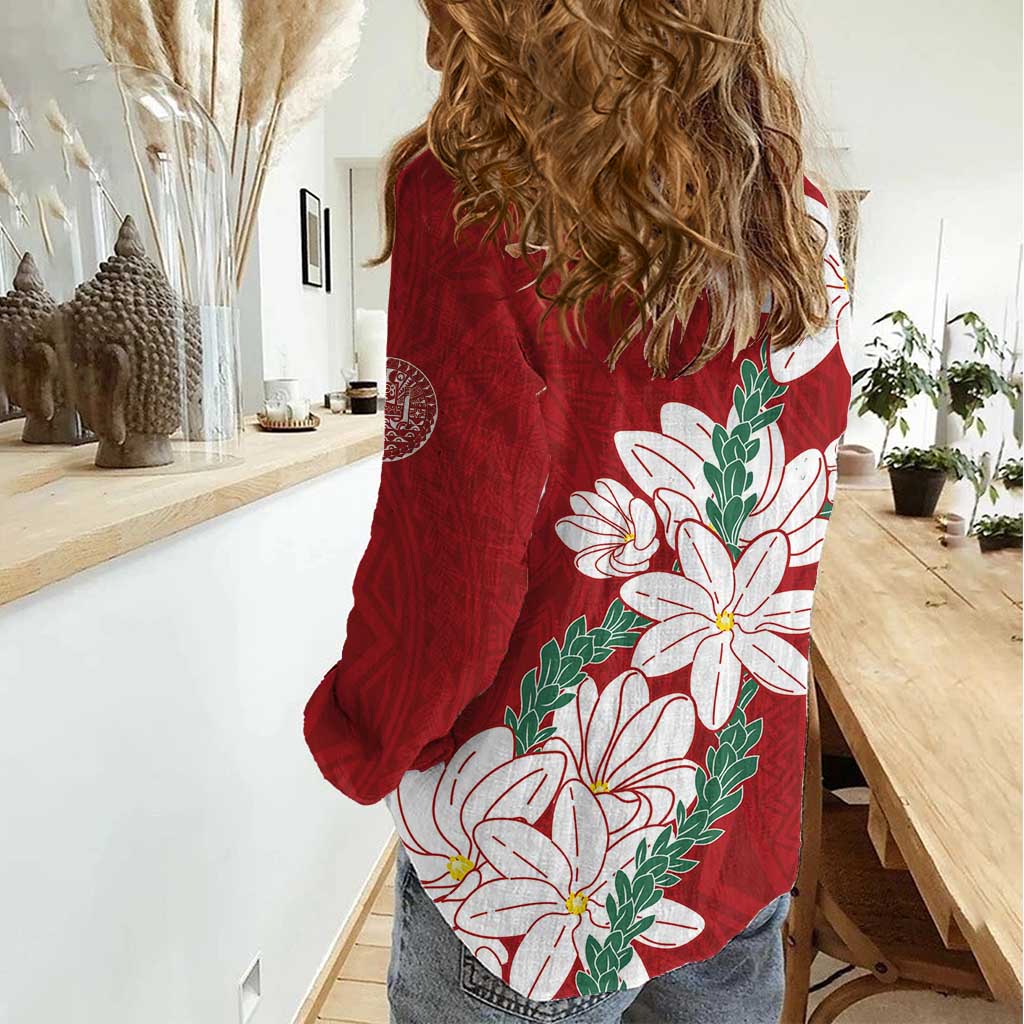 Ia Orana Tahiti Tiare Women Casual Shirt Crimson Lei LT7 - Polynesian Pride