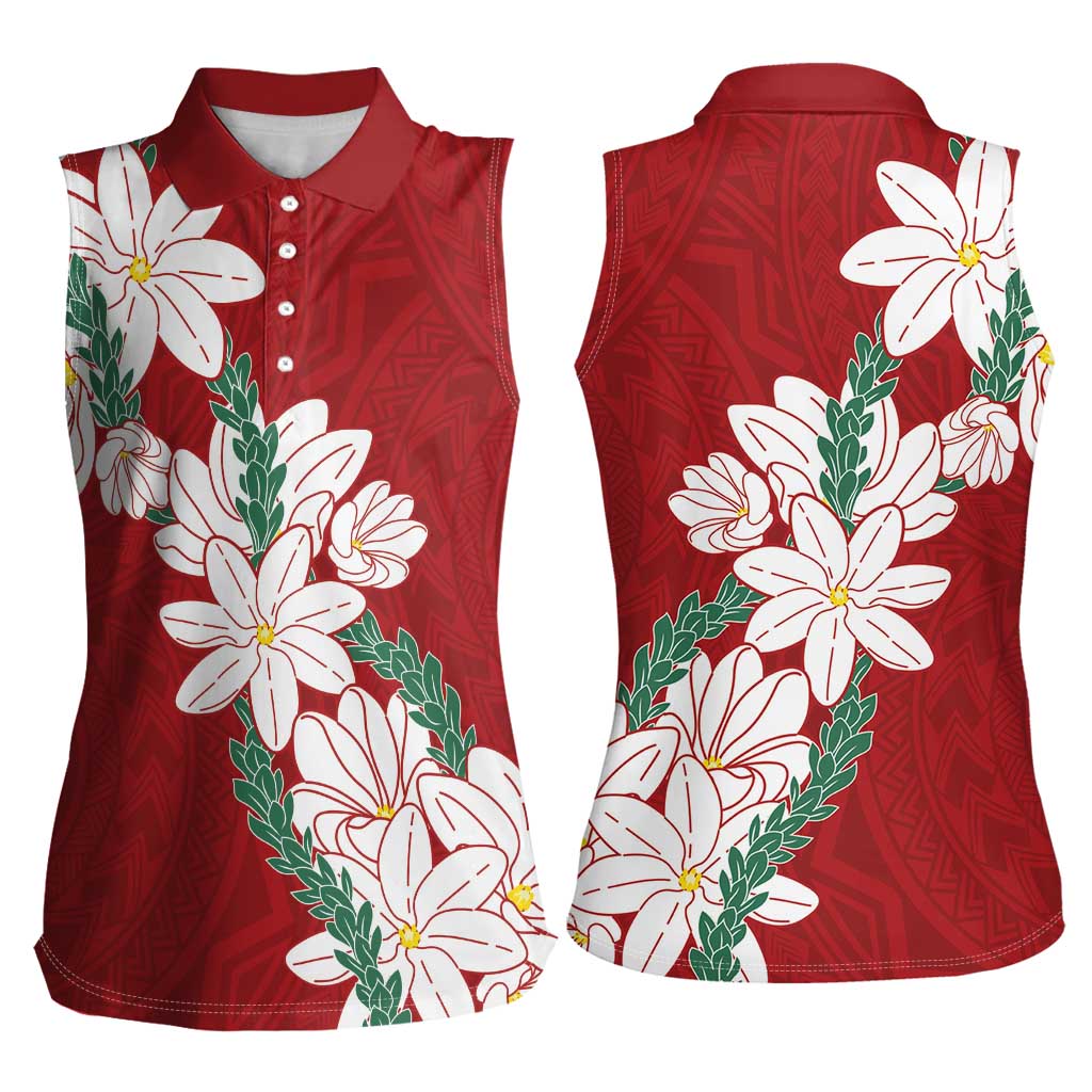 Ia Orana Tahiti Tiare Women Sleeveless Polo Shirt Crimson Lei - Polynesian Pride
