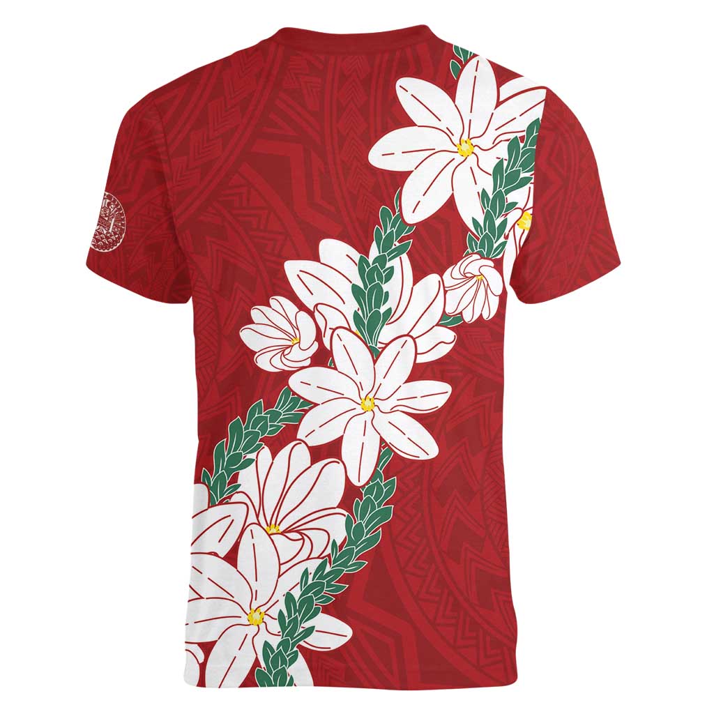 Ia Orana Tahiti Tiare Women V-Neck T-Shirt Crimson Lei - Polynesian Pride