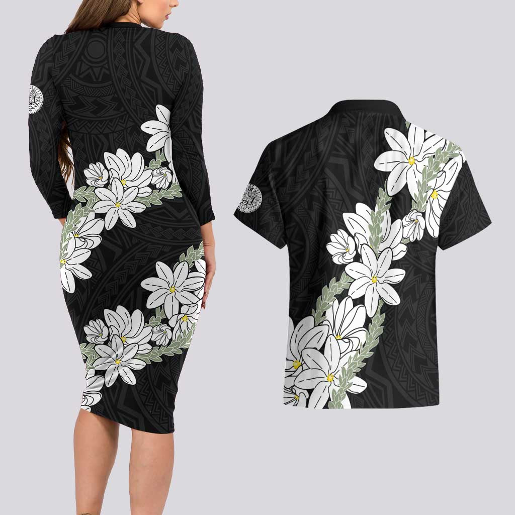 Ia Orana Tahiti Tiare Couples Matching Long Sleeve Bodycon Dress and Hawaiian Shirt Black Lei - Polynesian Pride
