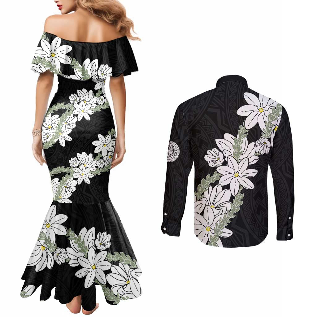 Ia Orana Tahiti Tiare Couples Matching Mermaid Dress and Long Sleeve Button Shirt Black Lei - Polynesian Pride