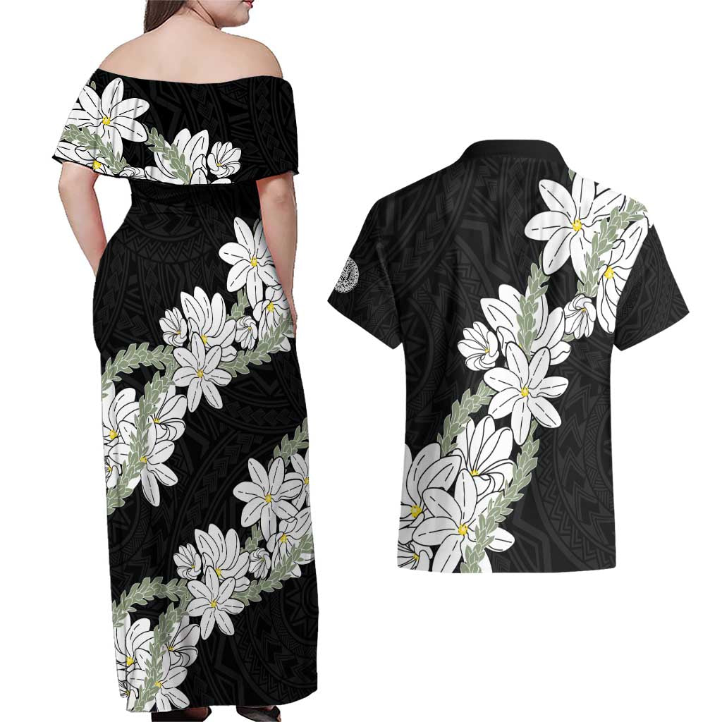 Ia Orana Tahiti Tiare Couples Matching Off Shoulder Maxi Dress and Hawaiian Shirt Black Lei - Polynesian Pride