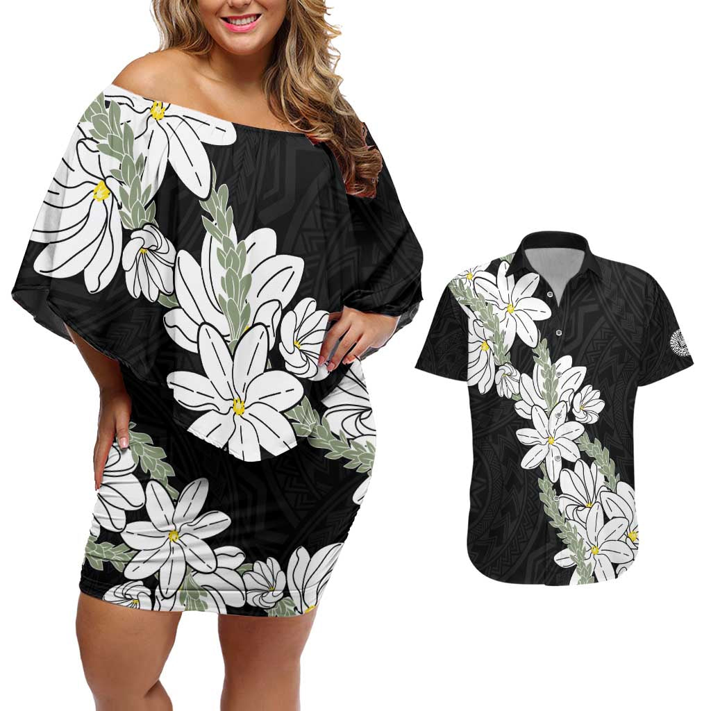 Ia Orana Tahiti Tiare Couples Matching Off Shoulder Short Dress and Hawaiian Shirt Black Lei - Polynesian Pride