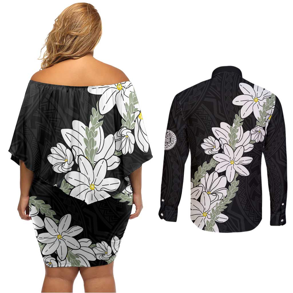 Ia Orana Tahiti Tiare Couples Matching Off Shoulder Short Dress and Long Sleeve Button Shirt Black Lei - Polynesian Pride