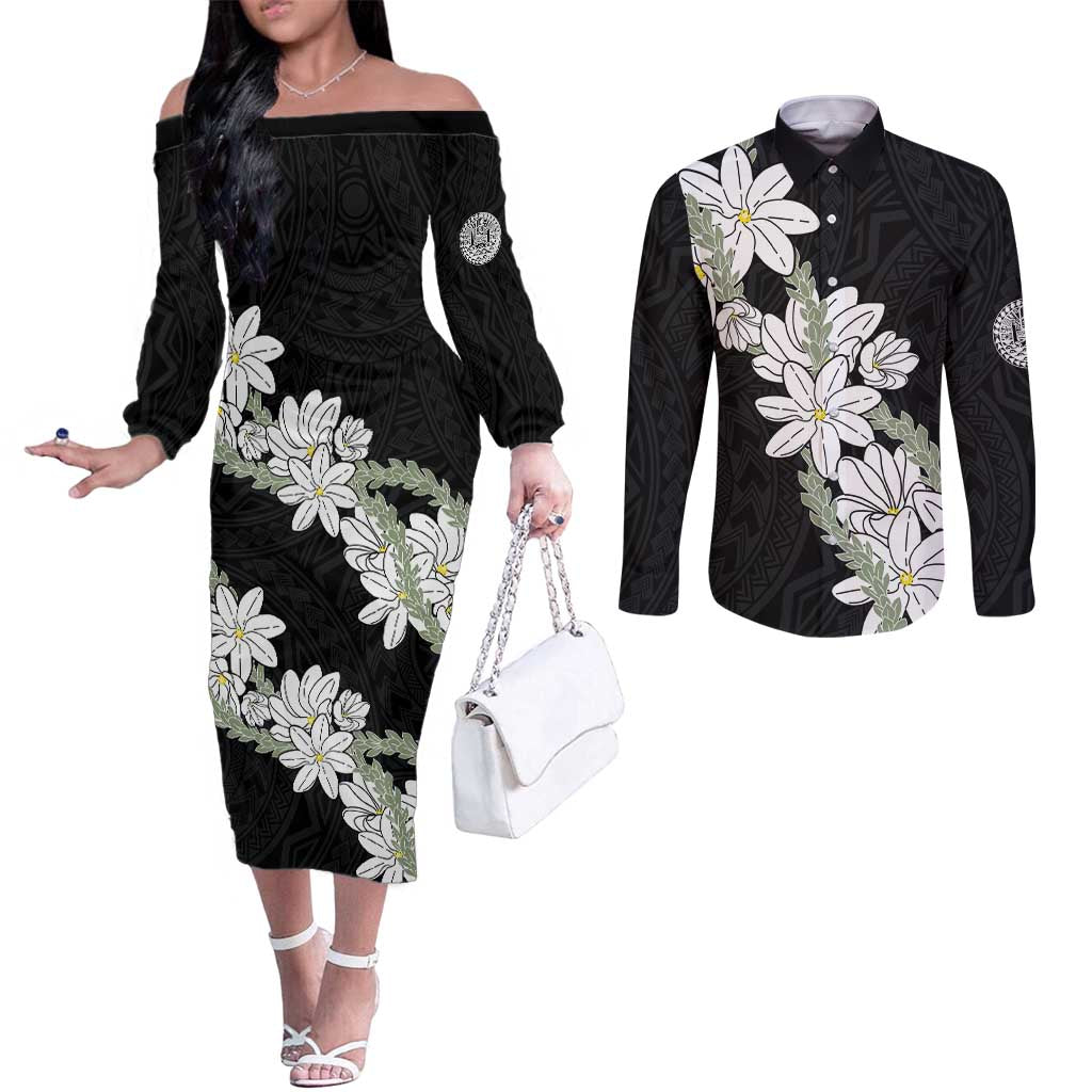 Ia Orana Tahiti Tiare Couples Matching Off The Shoulder Long Sleeve Dress and Long Sleeve Button Shirt Black Lei - Polynesian Pride