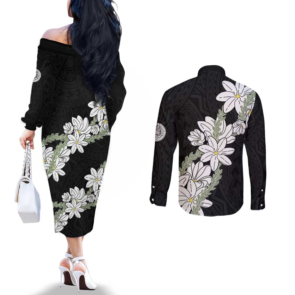 Ia Orana Tahiti Tiare Couples Matching Off The Shoulder Long Sleeve Dress and Long Sleeve Button Shirt Black Lei - Polynesian Pride