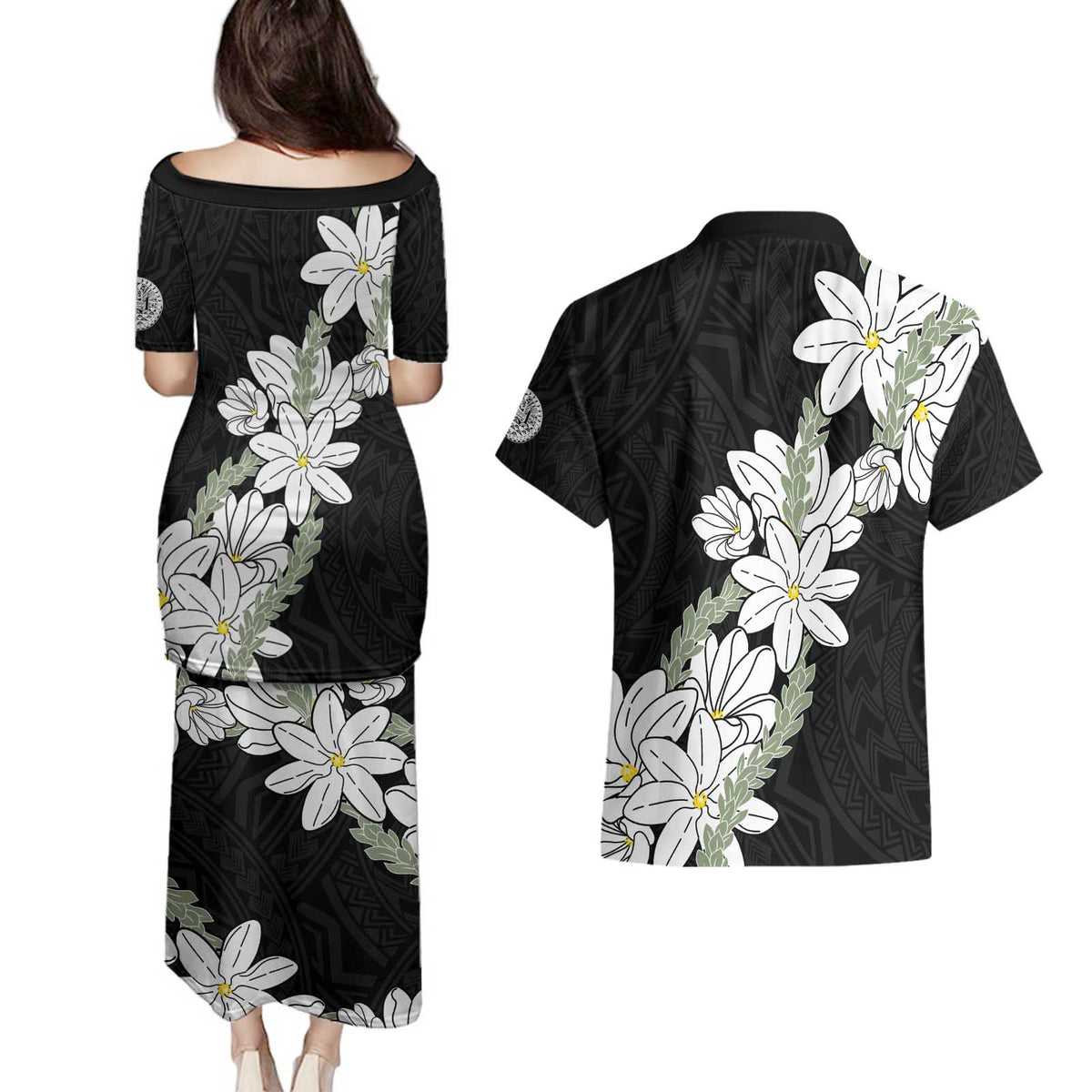 Ia Orana Tahiti Tiare Couples Matching Puletasi and Hawaiian Shirt Black Lei - Polynesian Pride