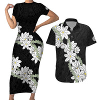 Ia Orana Tahiti Tiare Couples Matching Short Sleeve Bodycon Dress and Hawaiian Shirt Black Lei - Polynesian Pride