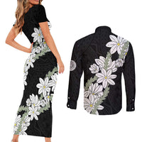 Ia Orana Tahiti Tiare Couples Matching Short Sleeve Bodycon Dress and Long Sleeve Button Shirt Black Lei - Polynesian Pride
