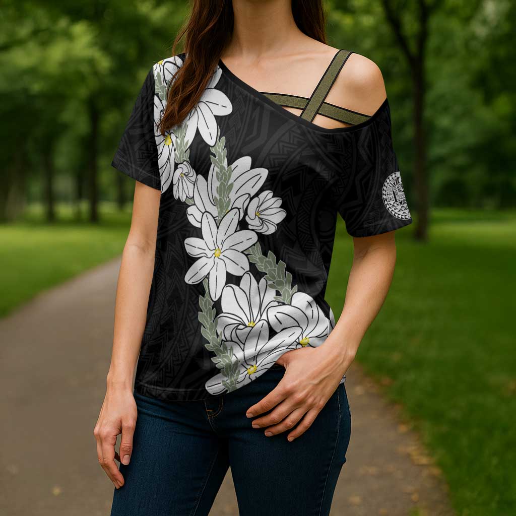Ia Orana Tahiti Tiare Cross Shoulder Shirt Black Lei - Polynesian Pride