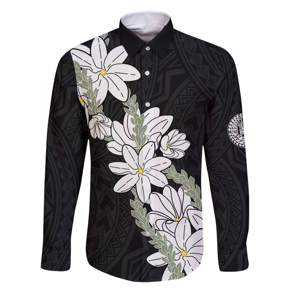 Ia Orana Tahiti Tiare Family Matching Long Sleeve Bodycon Dress and Hawaiian Shirt Black Lei LT7 Dad's Shirt - Long Sleeve Black - Polynesian Pride