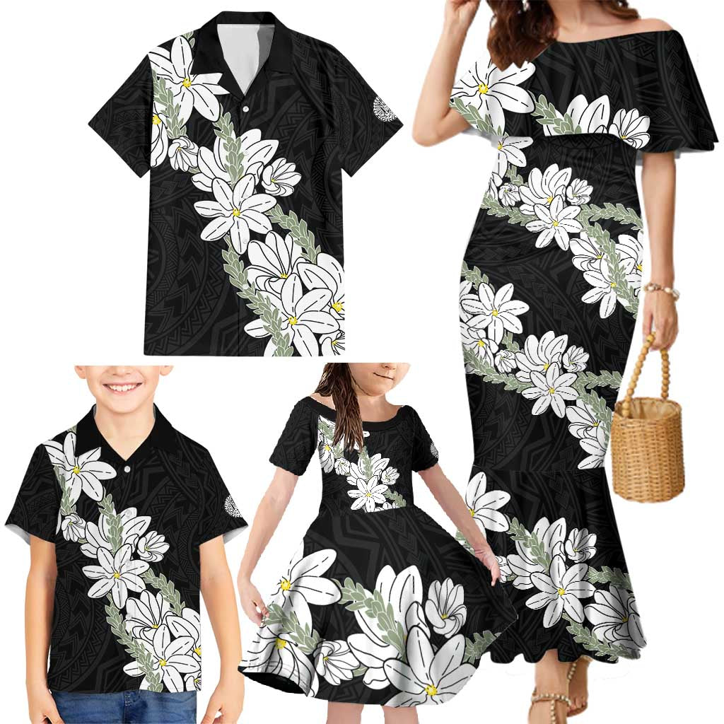 Ia Orana Tahiti Tiare Family Matching Mermaid Dress and Hawaiian Shirt Black Lei - Polynesian Pride