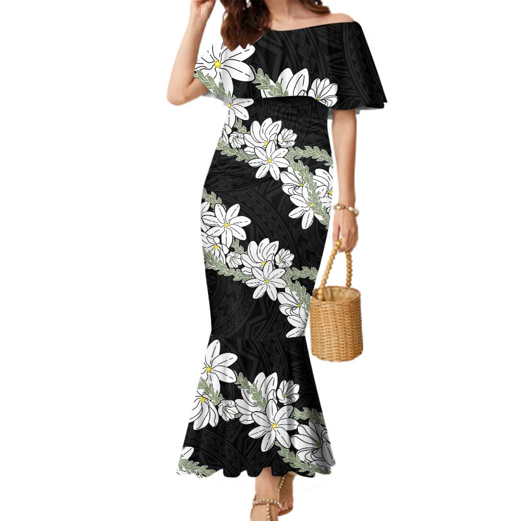 Ia Orana Tahiti Tiare Family Matching Mermaid Dress and Hawaiian Shirt Black Lei LT7 Mom's Dress Black - Polynesian Pride