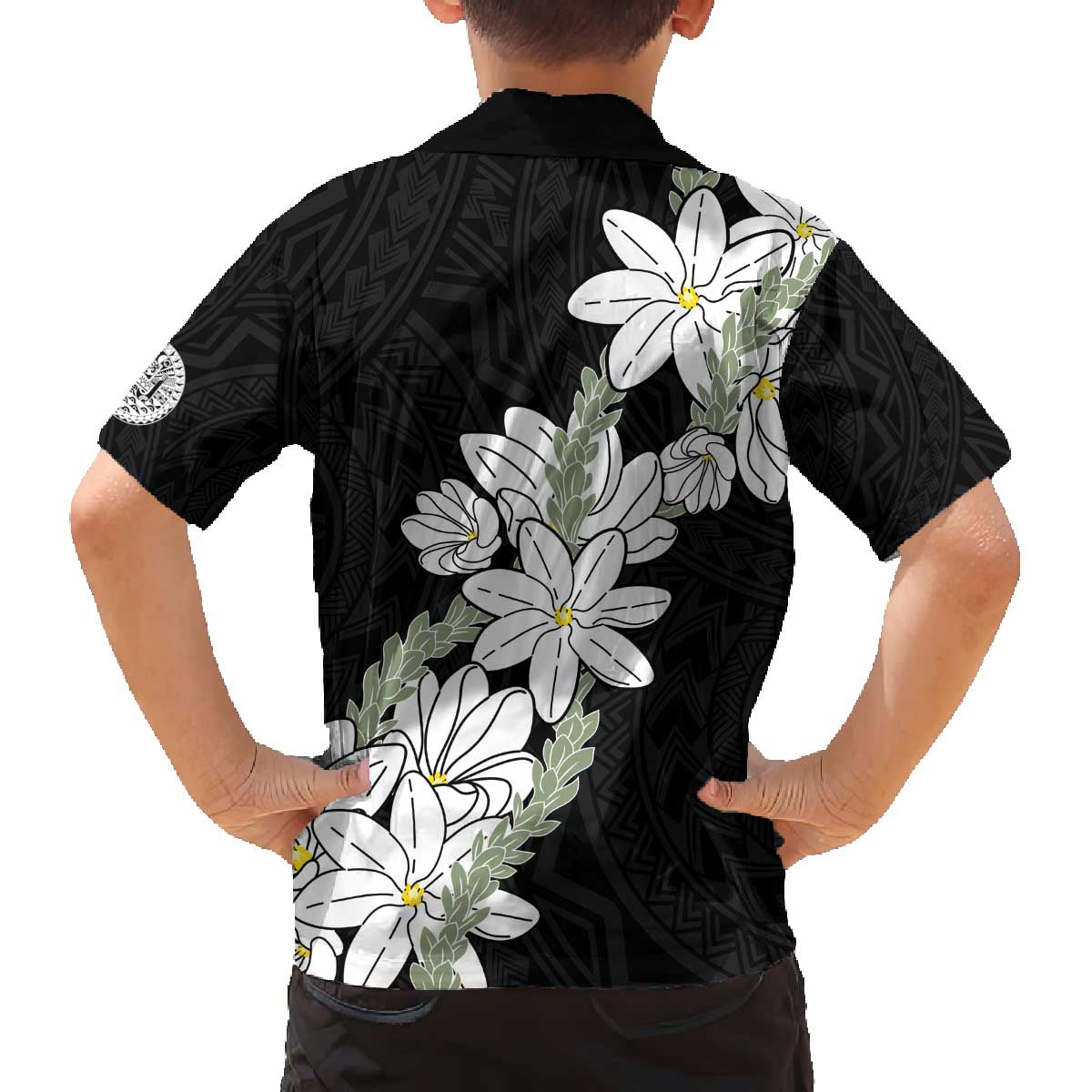 Ia Orana Tahiti Tiare Family Matching Off The Shoulder Long Sleeve Dress and Hawaiian Shirt Black Lei LT7 - Polynesian Pride
