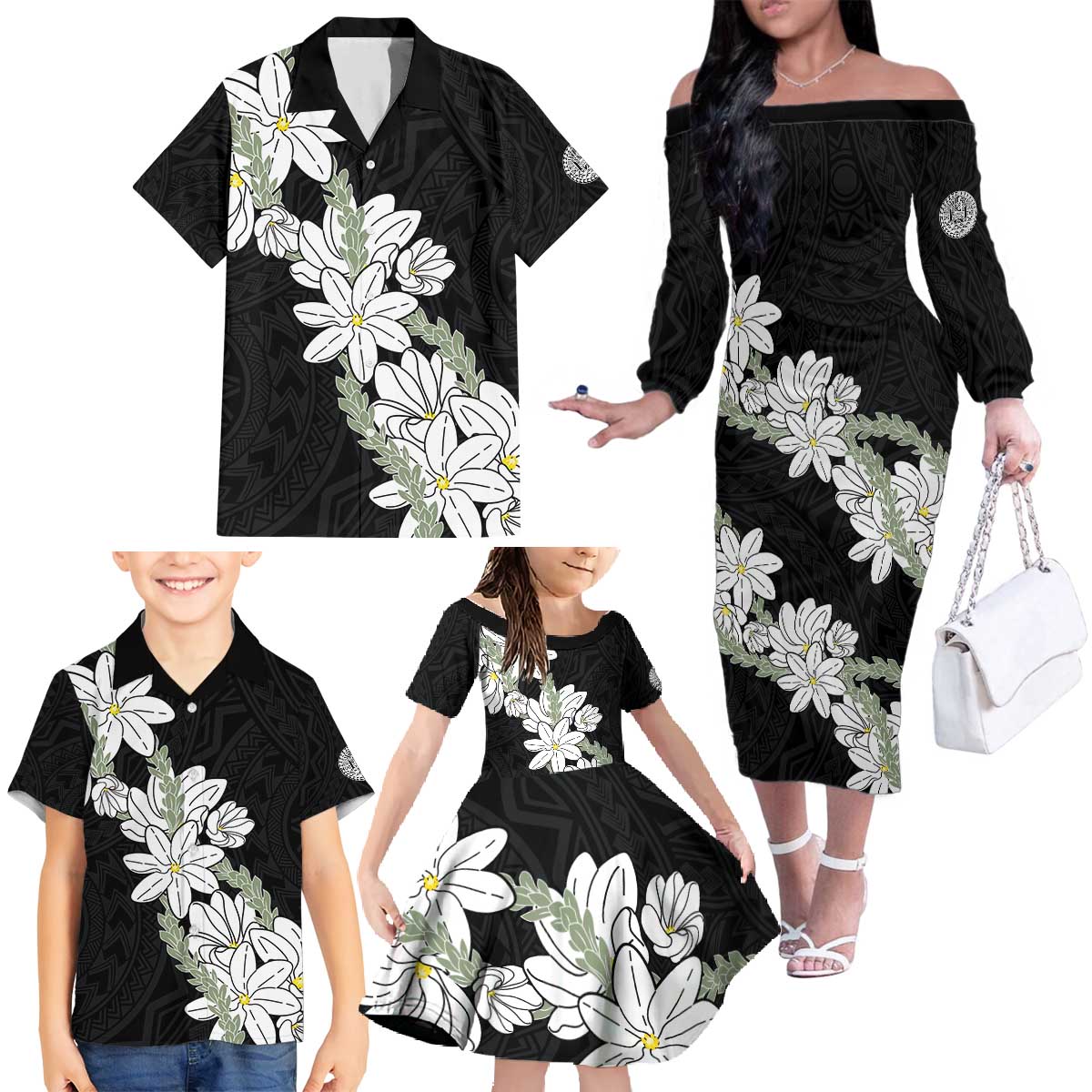 Ia Orana Tahiti Tiare Family Matching Off The Shoulder Long Sleeve Dress and Hawaiian Shirt Black Lei LT7 - Polynesian Pride
