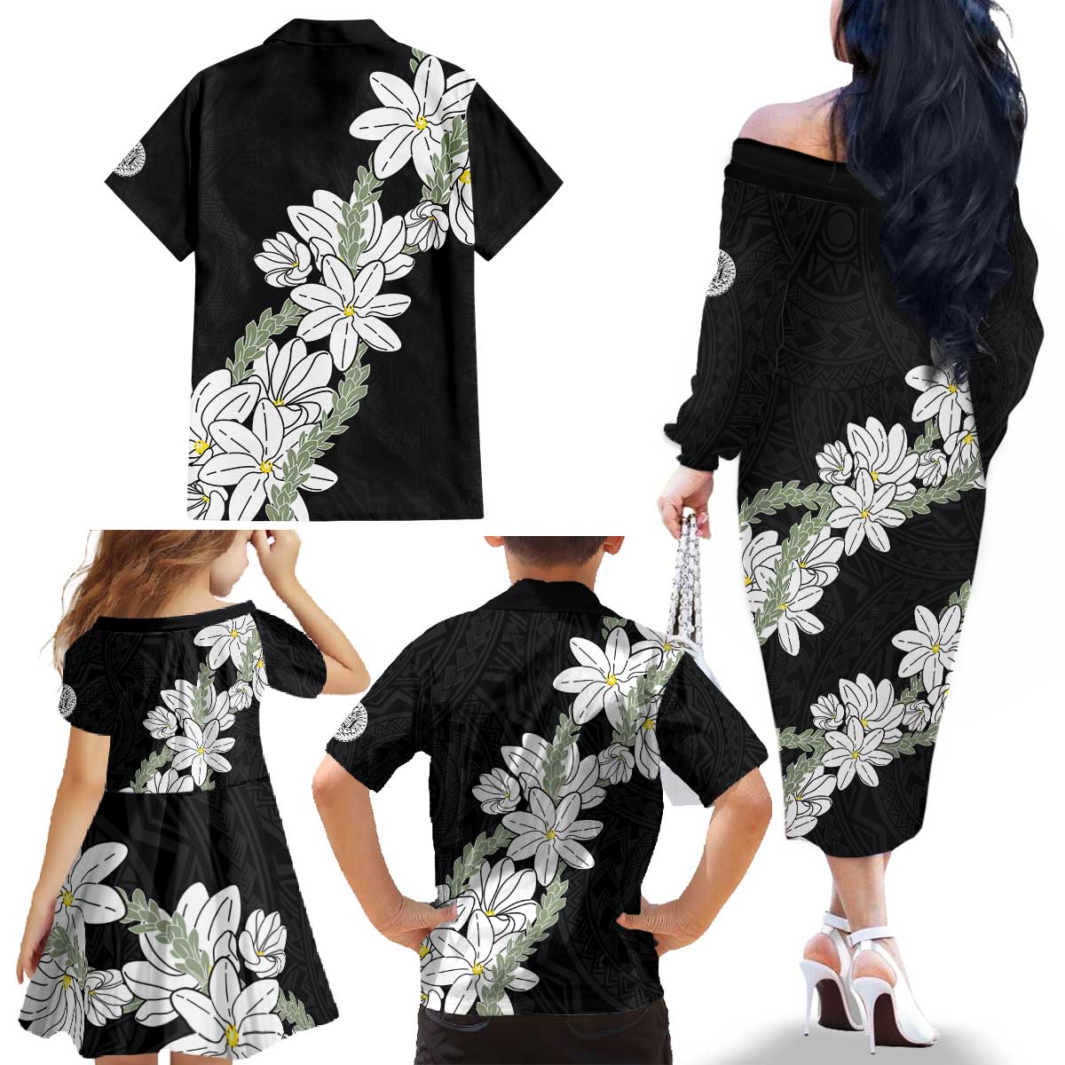 Ia Orana Tahiti Tiare Family Matching Off The Shoulder Long Sleeve Dress and Hawaiian Shirt Black Lei LT7 - Polynesian Pride