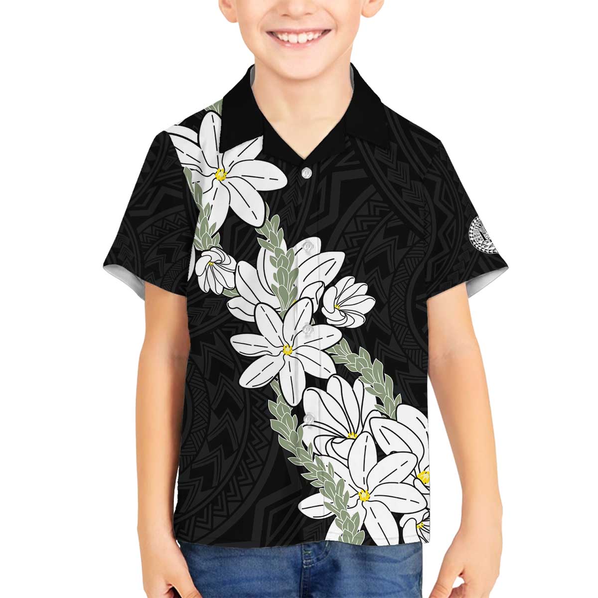 Ia Orana Tahiti Tiare Family Matching Off The Shoulder Long Sleeve Dress and Hawaiian Shirt Black Lei LT7 Son's Shirt Black - Polynesian Pride
