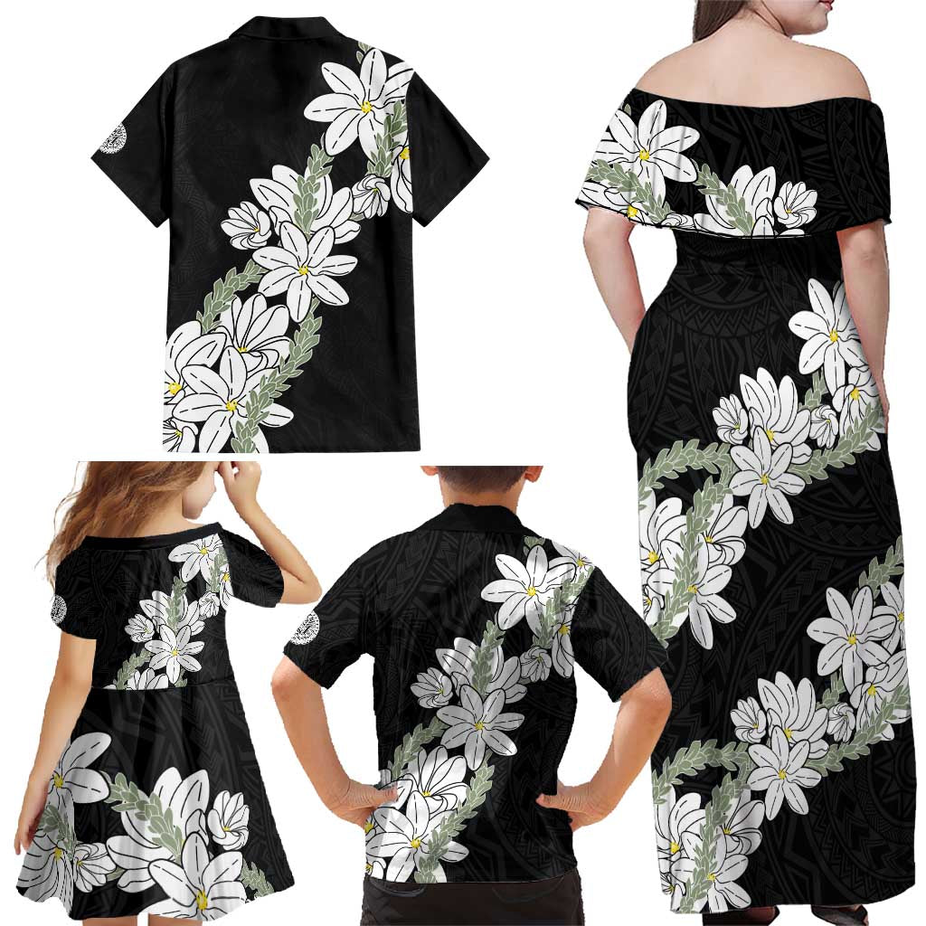Ia Orana Tahiti Tiare Family Matching Off Shoulder Maxi Dress and Hawaiian Shirt Black Lei - Polynesian Pride