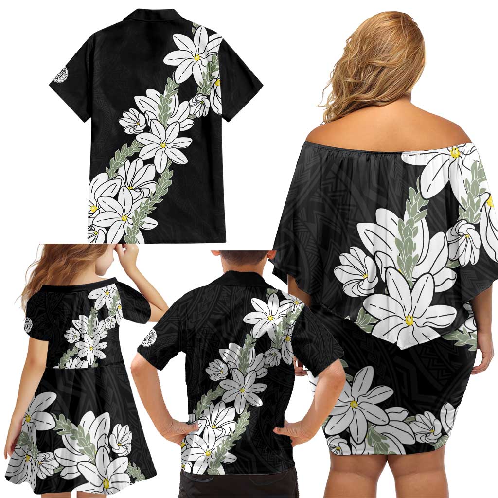 Ia Orana Tahiti Tiare Family Matching Off Shoulder Short Dress and Hawaiian Shirt Black Lei - Polynesian Pride